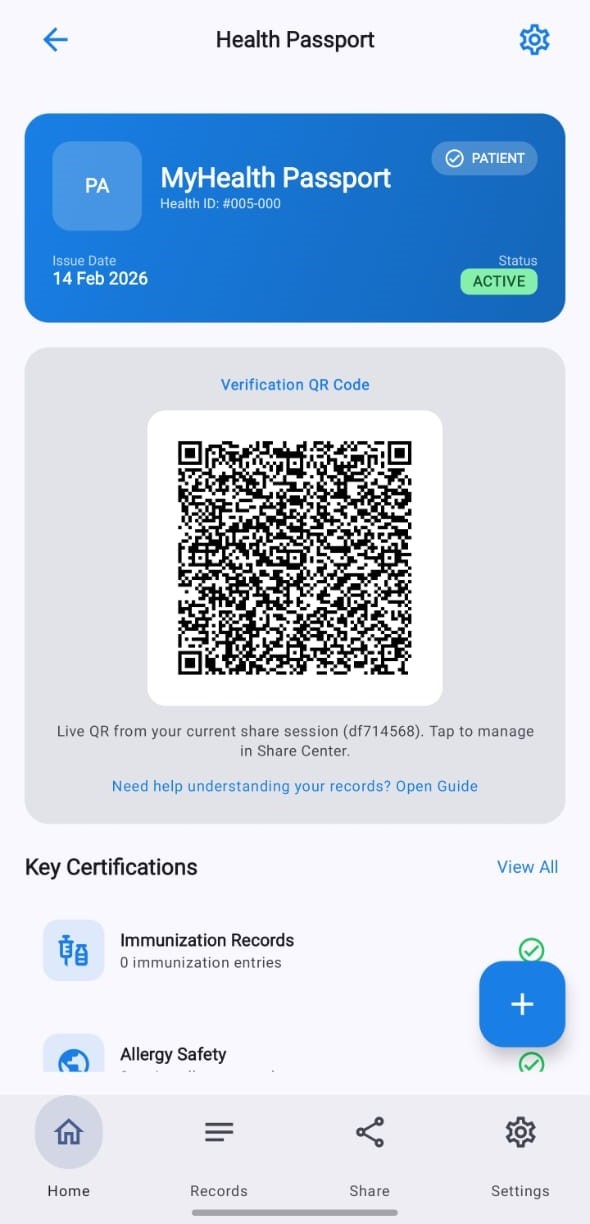 MyHealth Passport patient mode screen showing the health card, verification QR code, and key certifications.